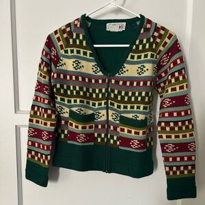 Vintage Huk-A-Poo Fair Isle Zipper Cardigan Sweater 1970s S